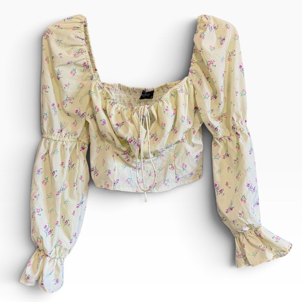 Milk & Honey Floral Crop Top Womens Small Yellow Milkmaid Babydoll Puff Sleeve